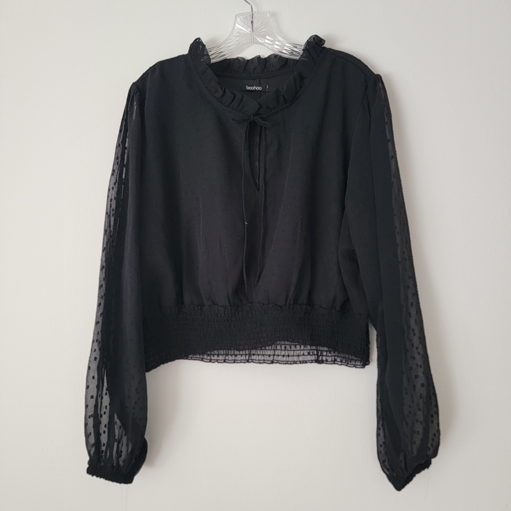 Boohoo Black Blouse Y2K Whimsigoth Top Polka Dot Mesh Sleeves Witchy Boho